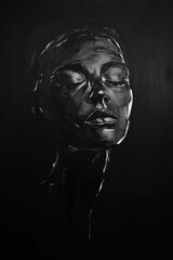 Monochrome textured painting of person with closed eyes.