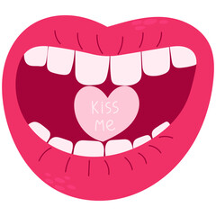 Obraz premium Open mouth with a heart-shaped candy. Sweet heart shape candy Kiss Me. Valentines day concept.