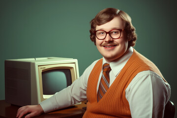 Vintage Portrait of a Smiling Young Man with Retro Computer Emphasizing Nostalgic Technology and Timeless Charm
