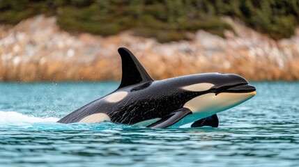 Fototapeta premium Orca swimming in ocean wildlife ecosystem exploration marine environment close-up view animal behavior