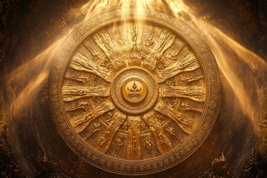 Minimalist Golden Wheel of Samsara Surrounded by Radiant Light for Spiritual Design