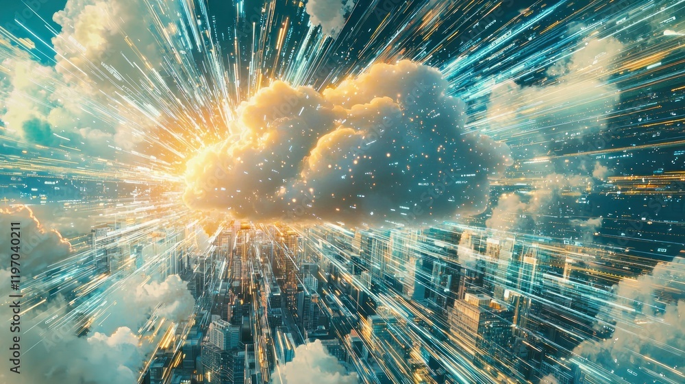 Poster digital data streams converge on a cloud above a city.