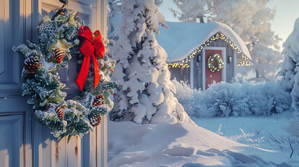 A holiday wreath adorns the front door of a snow-covered cottage, its bright red bow and pinecones standing out against the frosty surroundings.