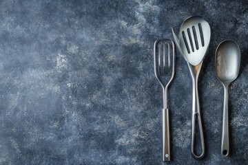 Three Metal Cooking Utensils on Dark Surface