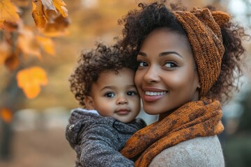 Happy black woman holds her small son during family walk outdoors. Generative AI