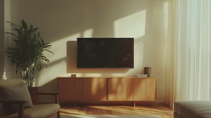 A sleek, modern living room with an empty flat-screen television on the wall, showcasing a wooden cabinet and contemporary furniture against a white background for text or product display