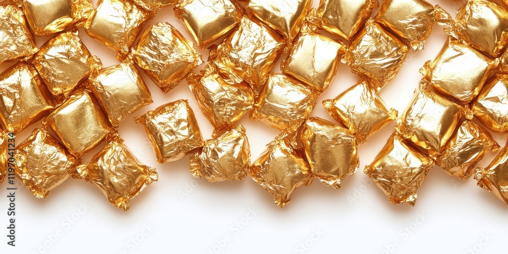 Poster a close-up view of shiny gold foil wrapped square candies arranged on a white surface for sweet trea