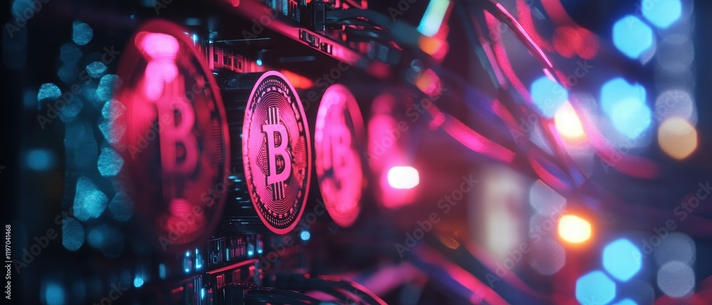 Poster visualizing cryptocurrency nodes on server network cables in a digital environment