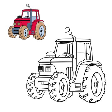 tractor isolated on white. tracktor illustration sketch for coloring activities, company by example of colored images. suitable for kindergarten student worksheet and coloring books