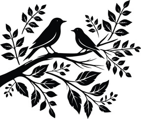 Graceful Silhouettes of Birds stands on  a branch