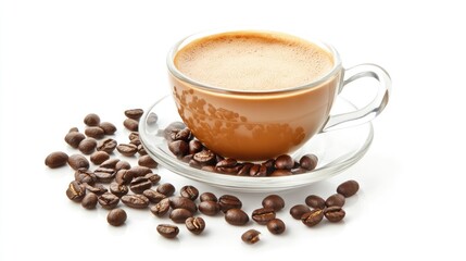 Fototapeta premium Cappuccino and Coffee Beans: A steaming cup of cappuccino sits on a glass saucer, surrounded by aromatic coffee beans. The rich brown color of the coffee contrasts beautifully with the clear glass.