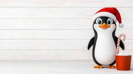 A cute penguin holding a candy cane and wearing a Santa hat.