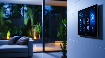 Modern Smart Home Technology: Touchscreen Control Panel in Sleek Interior Setting