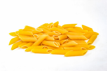 raw penne pasta isolated on white background