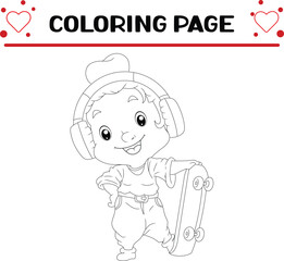cool girl is standing posing with skateboard coloring page for kids 