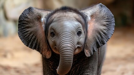 Adorable baby elephant, zoo enclosure, close-up, wildlife conservation