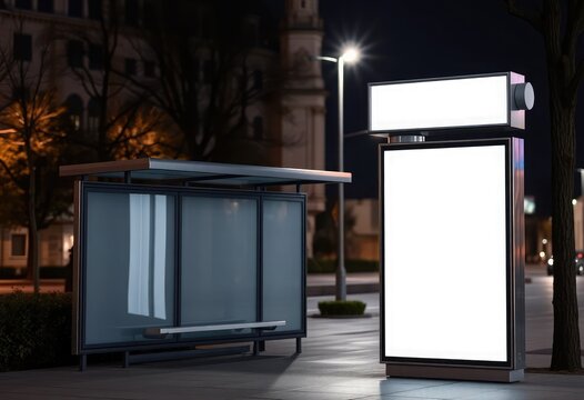 A blank white vertical poster billboard mockup at a bus stop, ready for customization