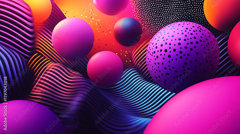 Poster vibrant abstract composition of colorful spheres and wavy patterns against a dynamic background