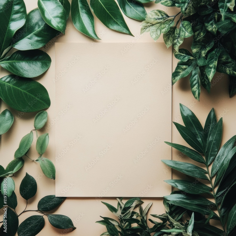 Poster natural backdrop with green leaves surrounding an empty space for text or design creativity. generat