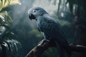 Grey parrot perched, jungle foliage, misty background, wildlife photography