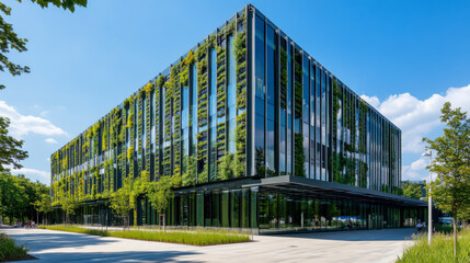 Fototapeta premium Modern sustainable office building with green glass facade and vertical gardens, eco-friendly architecture