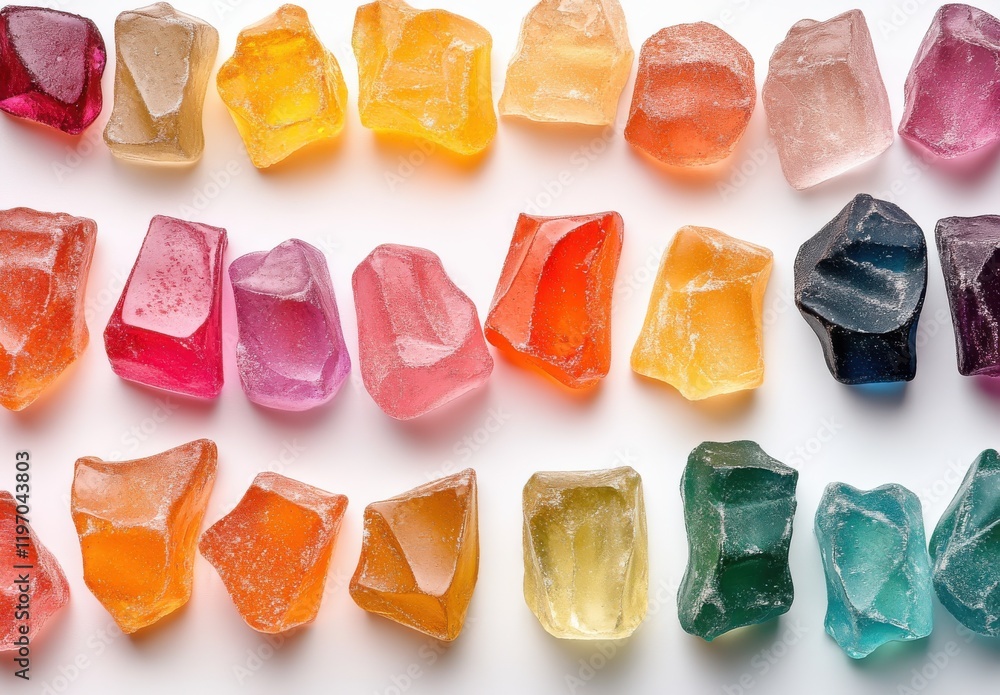 Poster assorted colorful gel cubes spread on a white background showing vibrant translucent textures ideal 