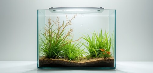 Small square aquarium with greenery and sandy substrate.