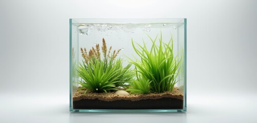 Small square aquarium with greenery and sandy substrate.