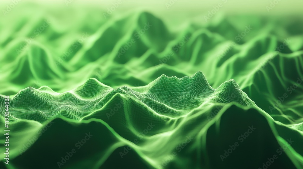 Poster explore the depths of green mesh terrain with neon grid patterns in 3d
