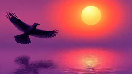 Obraz premium Serene sunset scene featuring a bird in flight over calm water, reflecting the vibrant colors of the sky.