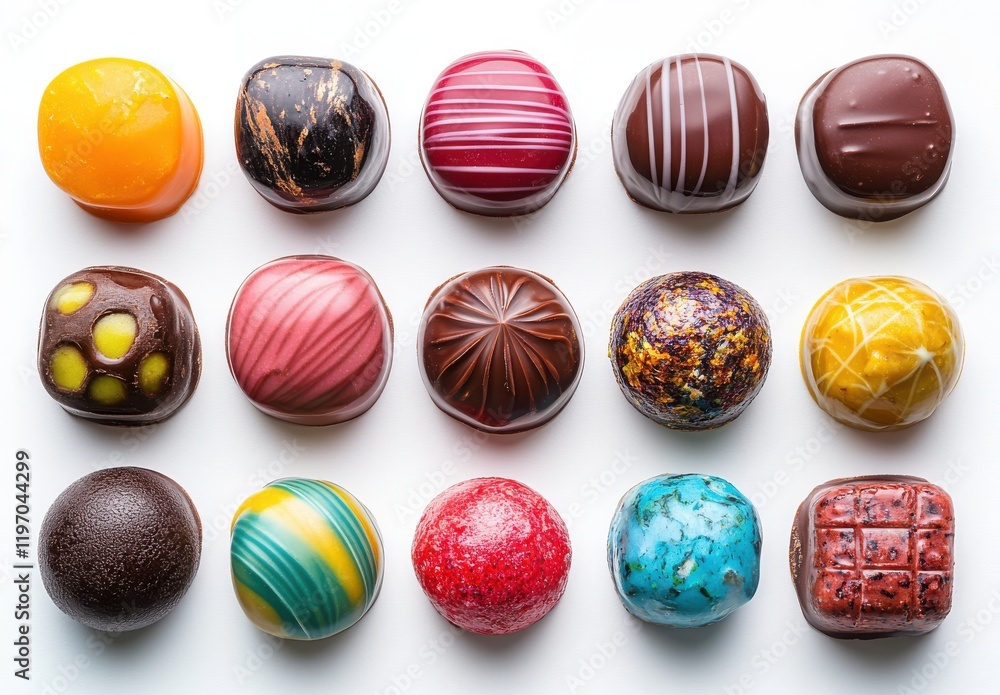 Poster assortment of colorful chocolate confections featuring unique textures and designs displayed in a gr