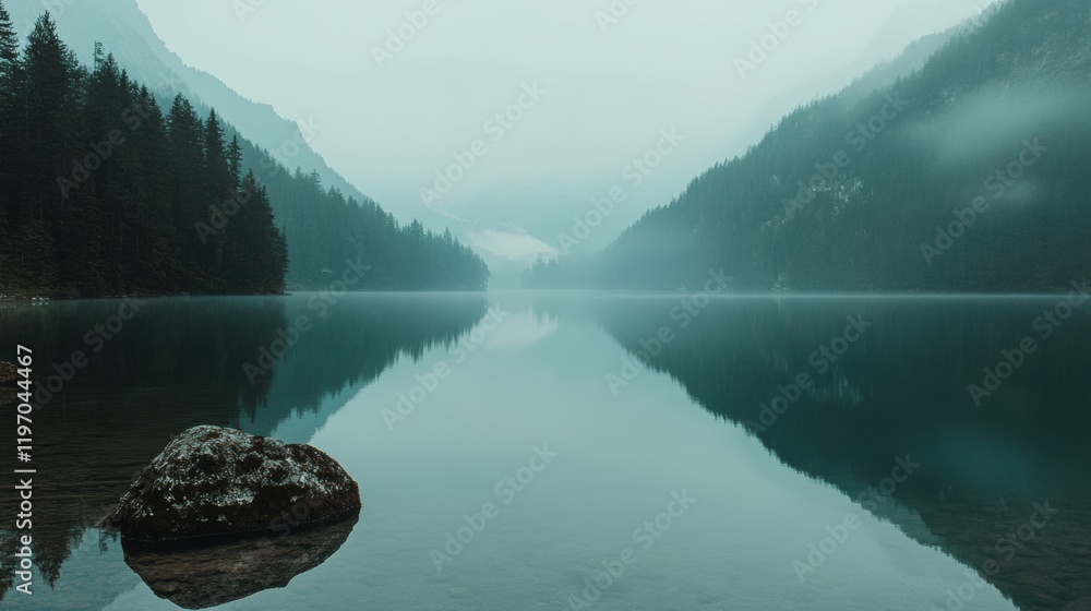 Poster serene lake surrounded by misty mountains offering space for text and ideas, perfect for a tranquil 