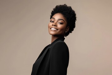 Obraz premium Confident woman with natural hair smiling against a neutral background in elegant fashion style
