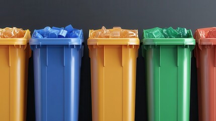 Colorful recycling bins lined up against a dark background, showcasing a sustainable approach to waste management.