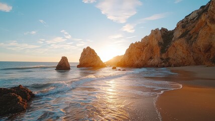 Serene Beach Sunset with Rock Formations and Gentle Waves Illuminated by Warm Golden Light Over Calm Ocean