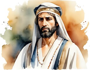 Watercolor Potrait Illustration of Judas Iscariot, one of the original Twelve Apostles of Jesus Christ. Judas betrayed Jesus to the Sanhedrin in the Garden of Gethsemane