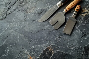 Three elegant kitchen knives rest on dark slate