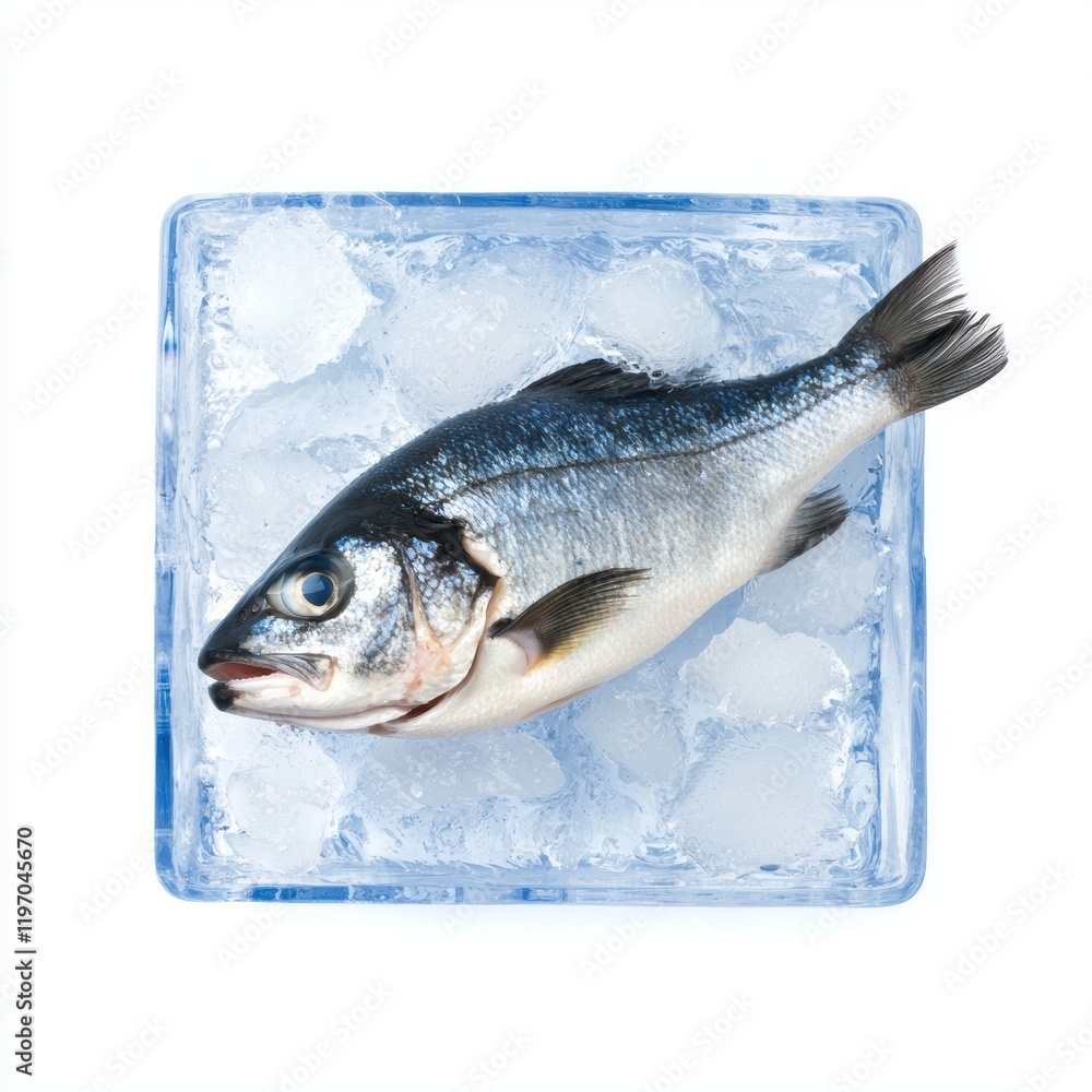 Poster fresh whole fish on ice in a clear square container for presentation