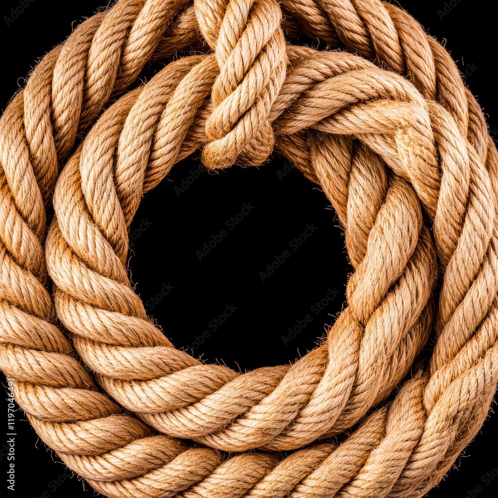 Poster textured natural rope in intricate loop isolated on black background