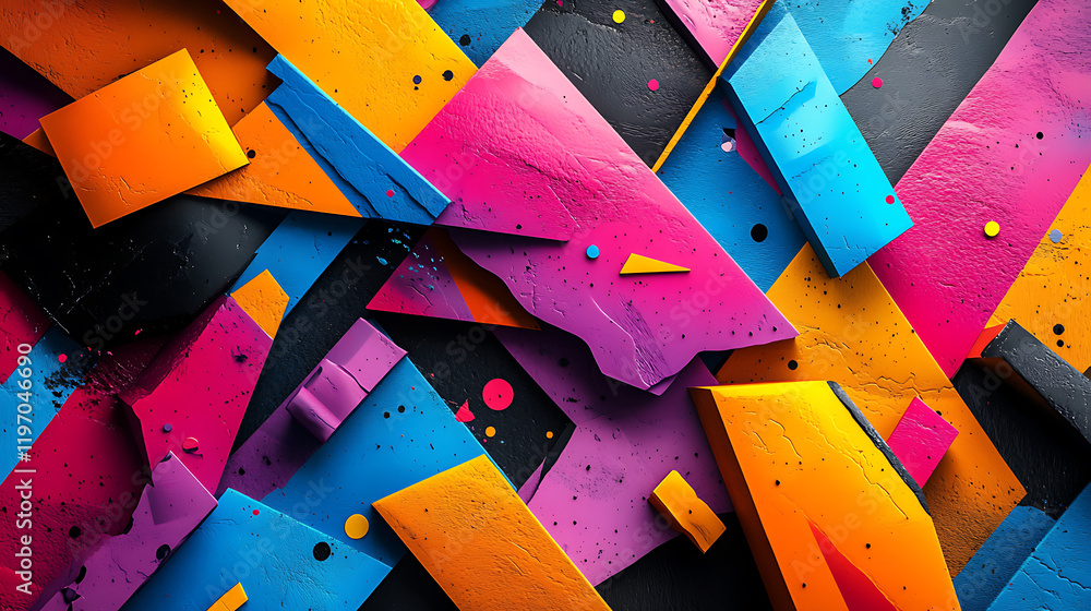 Poster abstract geometric composition featuring vibrant colors and dynamic shapes on a dark background