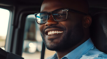 Happy black truck driver in the truck with copy space