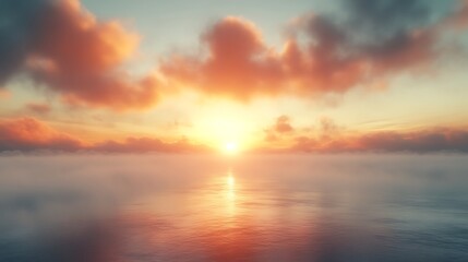 Obraz premium Vibrant sunset over calm ocean, clouds reflecting on water.