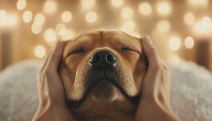 relaxed dog enjoys soothing massage, surrounded by soft lights