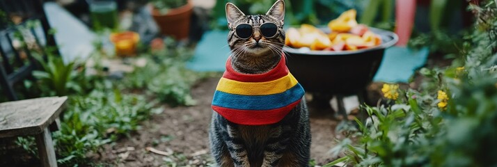 Cool Cat in Sunglasses and Colorful Bandana Posing Outdoors
