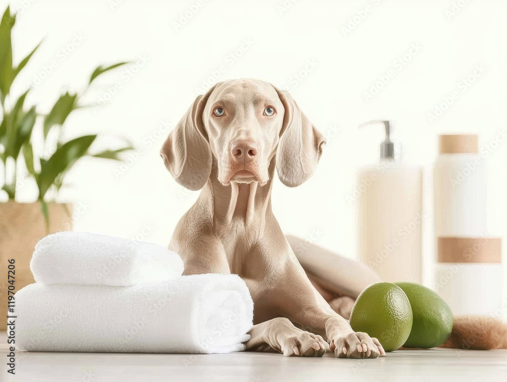 Aufkleber calm weimaraner relaxing with towels and avocados in spa setting