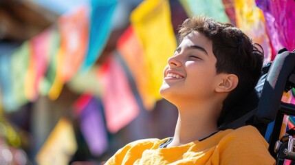 Happy boy wheelchair festival colorful flags