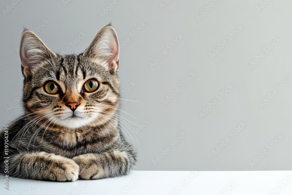 Poster Cute striped cat resting on a clean surface with a neutral background ideal for text placement and mock up purposes. Generative AI