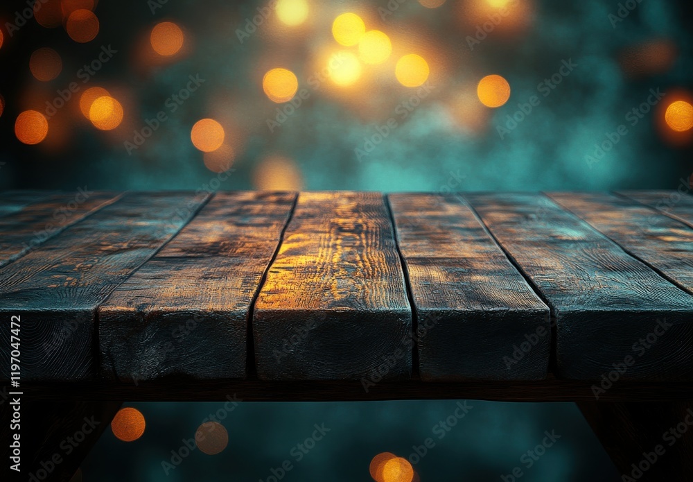 Poster close-up of rustic wooden table surface surrounded by softly blurred glowing lights creating a dream