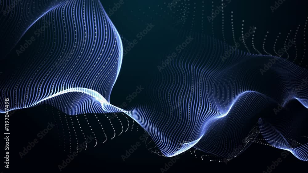 Poster futuristic video animation with particle wave object in slow motion, 4096x2304 loop 4k