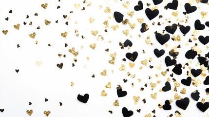 Black and gold glitter hearts confetti on white background. Perfect for Valentine's Day or celebrations!